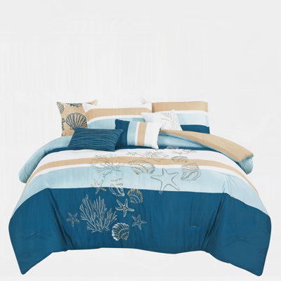 Nautical Coastal Shell And Starfish Pieced Quilted Comforter Set, 6 Piece With Shams And Decorative Pillows,King