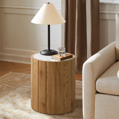 Wood Grain Manufactured Wood 18.9-Inch Tall Round End and Side Table with Faux Marble Top