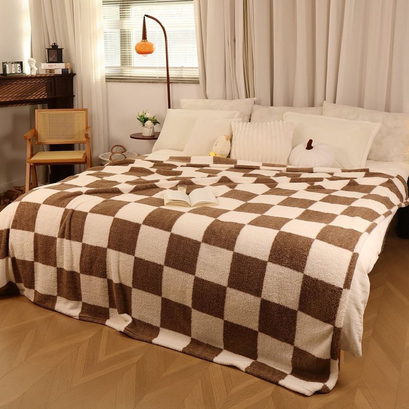 Jeté brun clair en damier pour canapé, lit et chambre AC., Lit simple