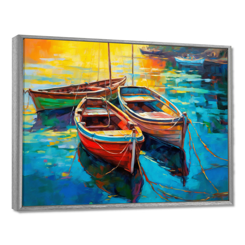 Trois bateaux dans le port I - impression sur toile Coastal Port, H 34 po x l 44 po x P 1,5 po, Encadrement argenté