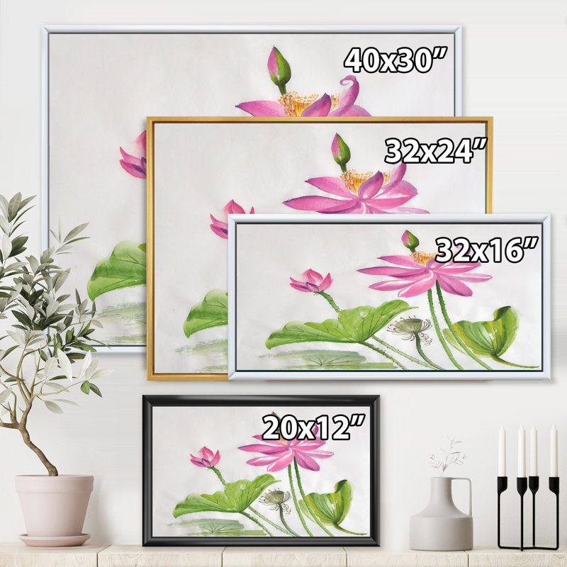 " Two Pink Lotus Flowers " Painting Print, Black Floater Frame, 24" H x 32" W x 1" D