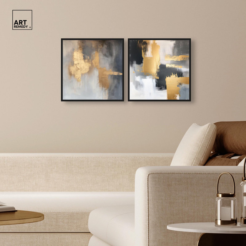 «Gilded Tranquil Abstract Art», ensemble de 2 panneaux sur toile par , H 17 po x l 17 po, Noir