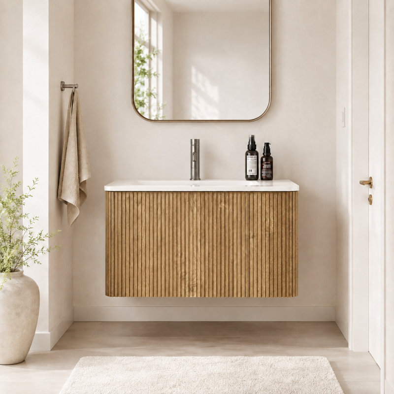 Meuble-lavabo suspendu de 76 cm avec lavabo en surface solide blanche, armoire de salle de bain murale en chêne miel rayé, meuble-lavabo moderne préassemblé