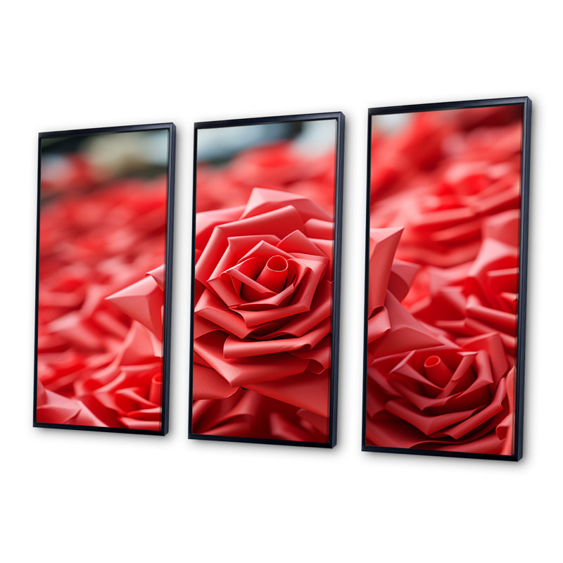 Red Floral Rhythmic Radiance - art mural géométrique, H 28 po x l 36 po x P 1 po, Cadre flottant noir