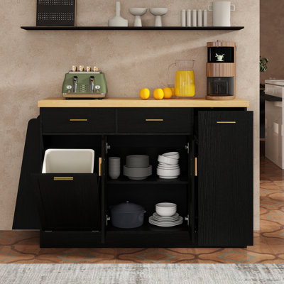Îlot de cuisine multifonctionnel avec rangement caché pour les ordures, armoire à porte coulissante et étagère à épices à 3 niveaux, noir, élégant bistro à deux tons avec tiroirs lisses inclinables, finition