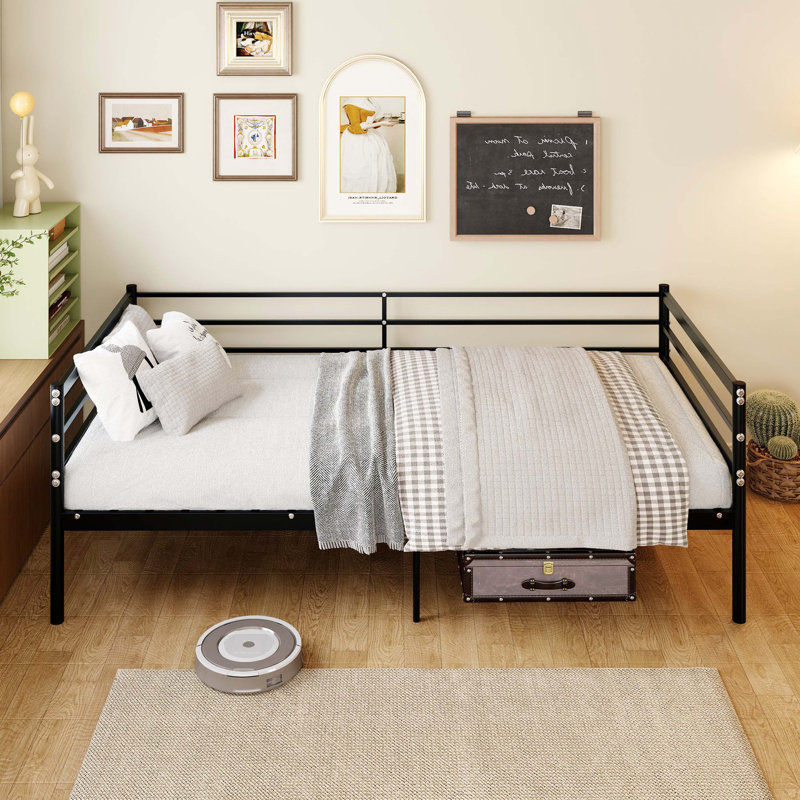 Lit mezzanine en métal avec canapé à contour complet, garde-corps de sécurité de 11,8 po, lit compact peu encombrant, noir