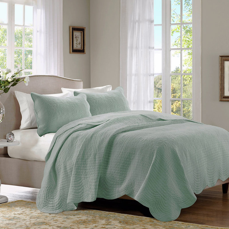 Ensemble de courtepointe réversible à bord festonné 3 pièces Seafoam King / Cal King, King Quilt + 2 Shams
