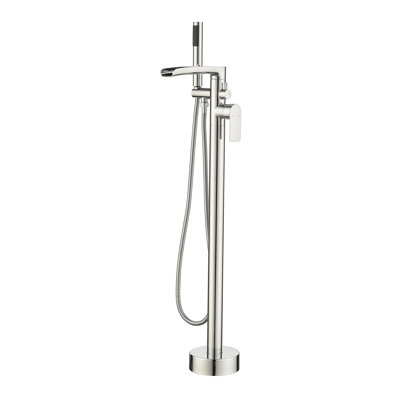 37.5" Solid Brass Floor Mounted Single Lever Handle Freestanding Tub Faucet, Waterfall Tub Filler With Handshower