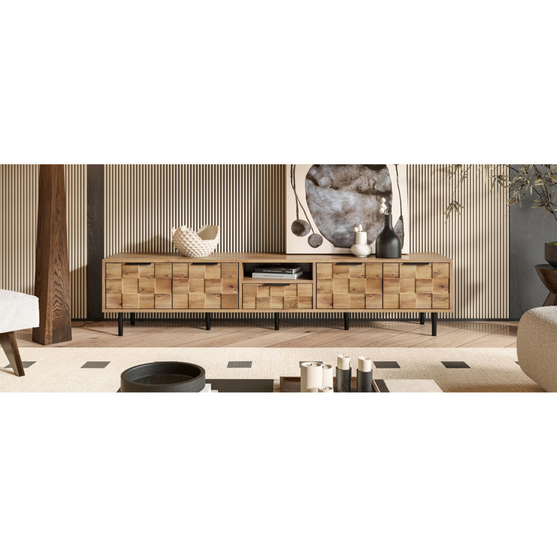 Meuble télé pour téléviseur de 85 po ou moins, meubles de conception classique avec assemblage, rangement dans le salon, grande console à carreaux, salle d'options et panneau de particules