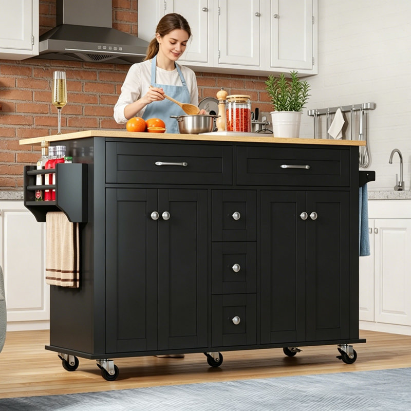 140 cm W Kitchen Island with, Black
