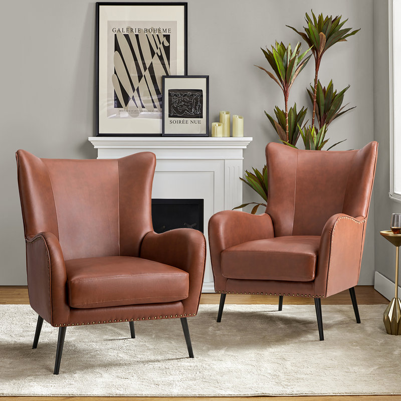 Atalyia 30" W Faux Leather Wingback Armchair with Nailhead Trim, Brown Vegan Leather