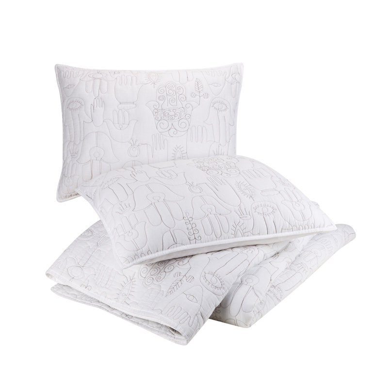 Ensemble de courtepointe 3 pièces Hamsa, Courtepointe très grand et 2 très grandes taies, Blanc