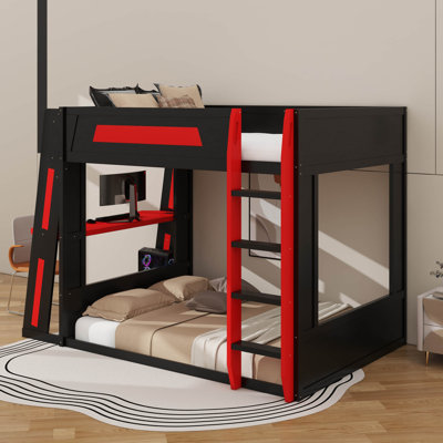 Grand lit superposé en bois avec bureau, tablettes, lumière USB et DEL