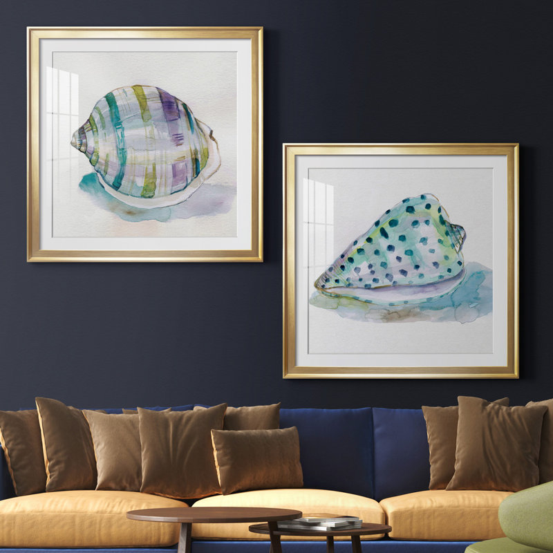 Malecon Shell III - ensemble de 2 reproductions d'art sur toile tendue, Papier avec cadre doré, Blanc