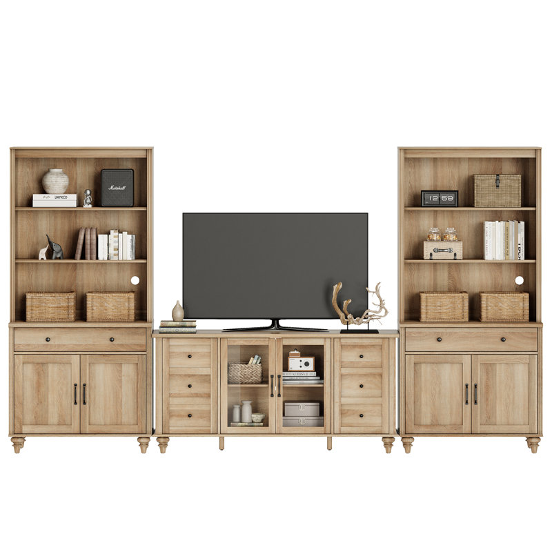 Scarlett Entertainment Center With Bookshelves For Tvs Up To, Farmhouse Wall Unit TV Stand With Glass Doors & Drawer, Media Console Table For Living Room, Bedroom & Home Theater
