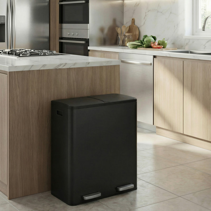 Ensemble de poubelles à double compartiment en acier inoxydable 2 x 8 gallons avec seaux intérieurs et sac poubelle, Black