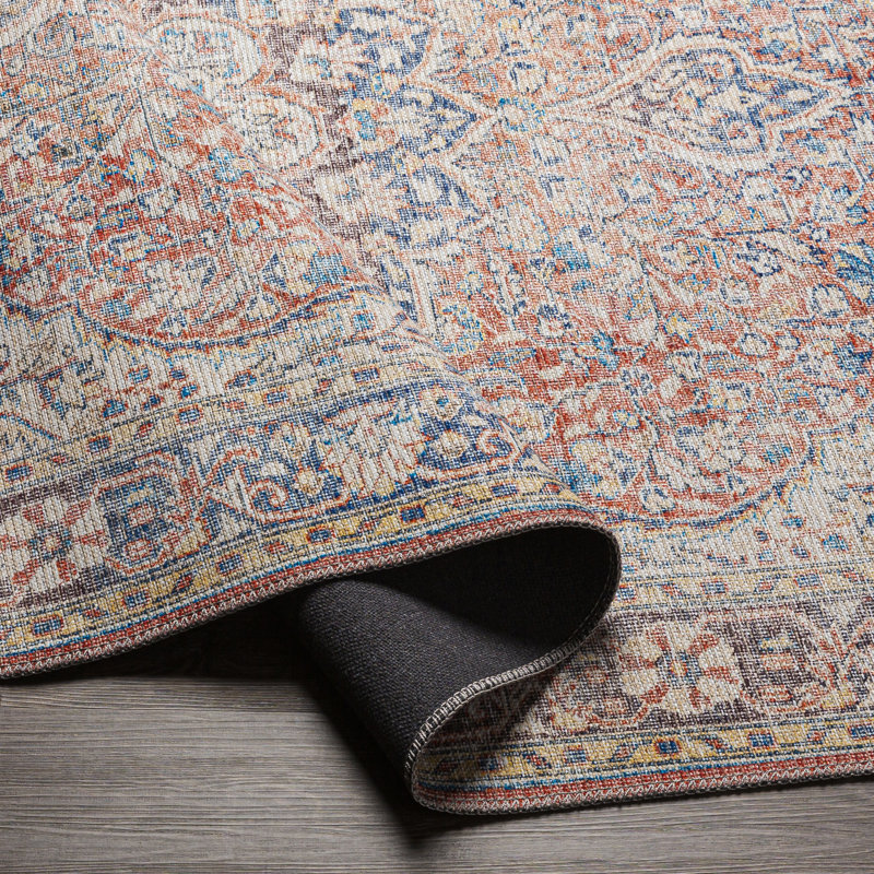 Bria Machine Washable Oriental Red/Blue/Ivory Area Rug, Rectangle 9'3" x 12'