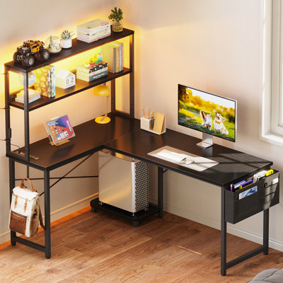 Bureau en L avec prise de courant, bureau de jeu avec lumière DEL, bureau d'ordinateur en L réversible avec tablette, bureau d'angle avec sac de rangement et crochet, bureau à domicile avec support pour unité centrale