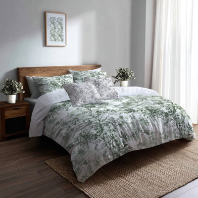 Country Farmhouse Bedding Set Of 5 - Classic Farmhouse Sage Toile Duvet Cover And Throw Pillow Set