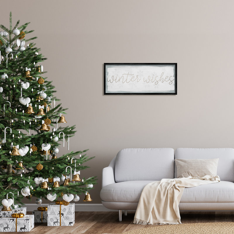 «Rustic Winter Wishes Sentiment Soft Snowflake» - Art textuel, Giclée encadrée noir minuit, H 13 po x l 30 po x P 1,5 po