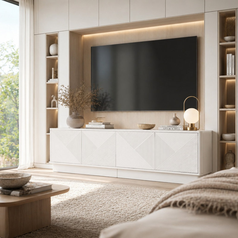 Armoire de rangement moderne à 4 portes de conception ondulée avec tablettes réglables, éclairage DEL 16 couleurs alimenté par USB, système de gestion des câbles intégré, supporte les téléviseurs jusqu'à 75 pouces, fabrication en bois d'ingénierie robuste, organisateur polyvalent