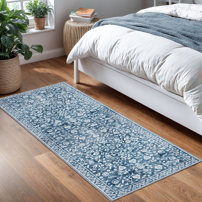 Blue Machine Washable Rugs for Bedroom Non-Slip Low Pile Throw Rugs with Rubber Backing Washable Carpet, Runner 2' x 5'