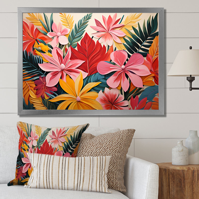 Motif de jungle tropicale rose floral II - art mural floral, Cadre de coin argenté fermé, H 12 po x l 20 po x P 1 po