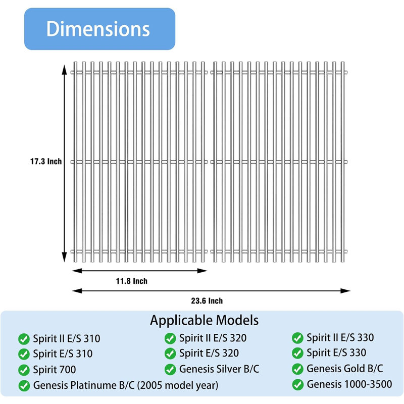 Grilles de cuisson de remplacement en acier inoxydable, pour Genesis 300 Series, 2016 et plus anciennes