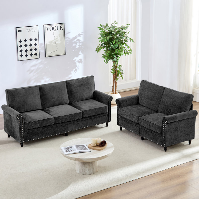 "76.8" 3+2 Vogue Chenille Sofa Set - 300lb/seat Capacity, Thick Pocket Spring Cushions, Solid Wood Gourd Legs, Removable Seat Covers
