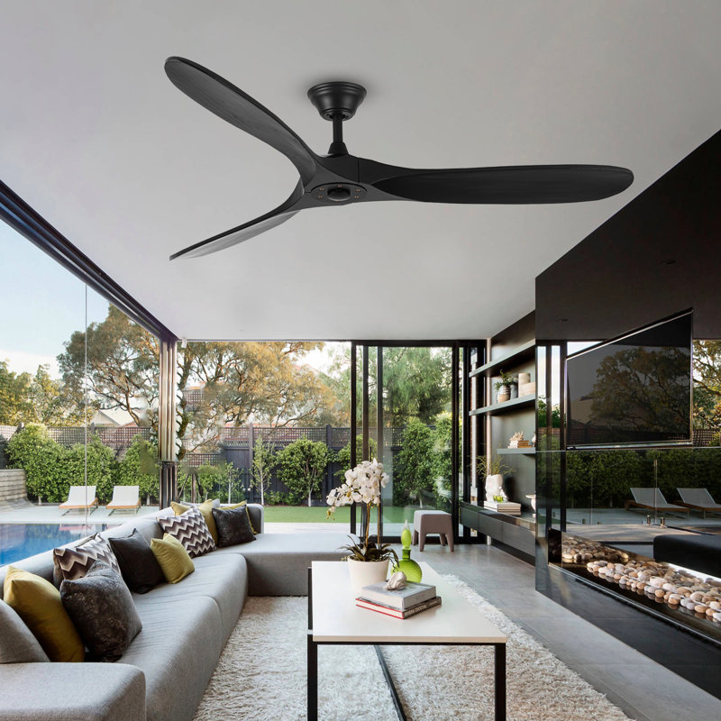 Solid Wood Ceiling Fan with  Remote, Black, 177cm