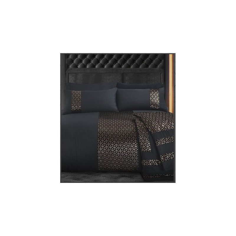 Polyester Geometric Duvet Cover Set with Pillowcases, Black/Gold, King Duvet Cover Set + 2 Pillowcases