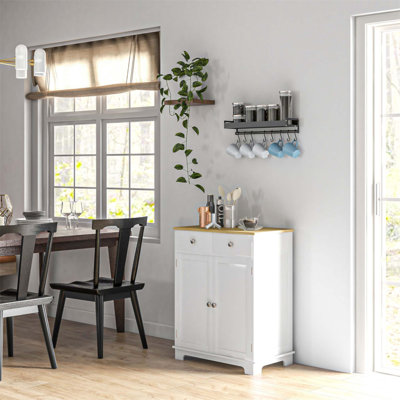 Buffet de comptoir en bois massif avec 2 tiroirs, portes et tablette réglable pour le rangement de la cuisine moderne et le bar à café