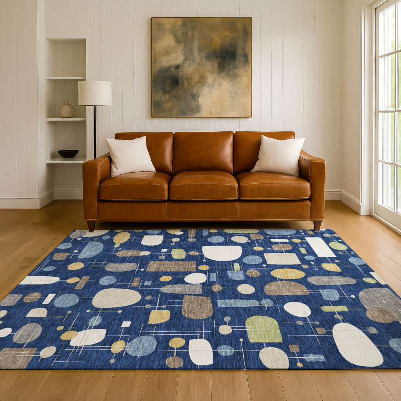 Tapis géométrique lavable à la machine de qualité supérieure Mayfield AMF2393, Marine, 10 pi x 14 pi
