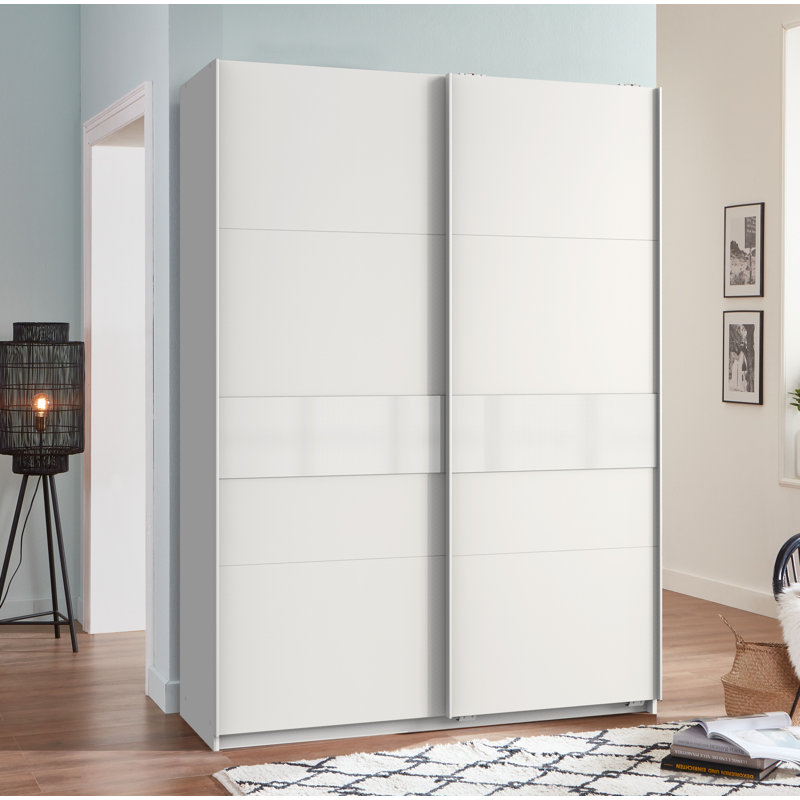 Chaska 2 Door Manufactured Wood Wardrobe, 198cm H x 135cm W x 64cm D, White/Glass White, Standard