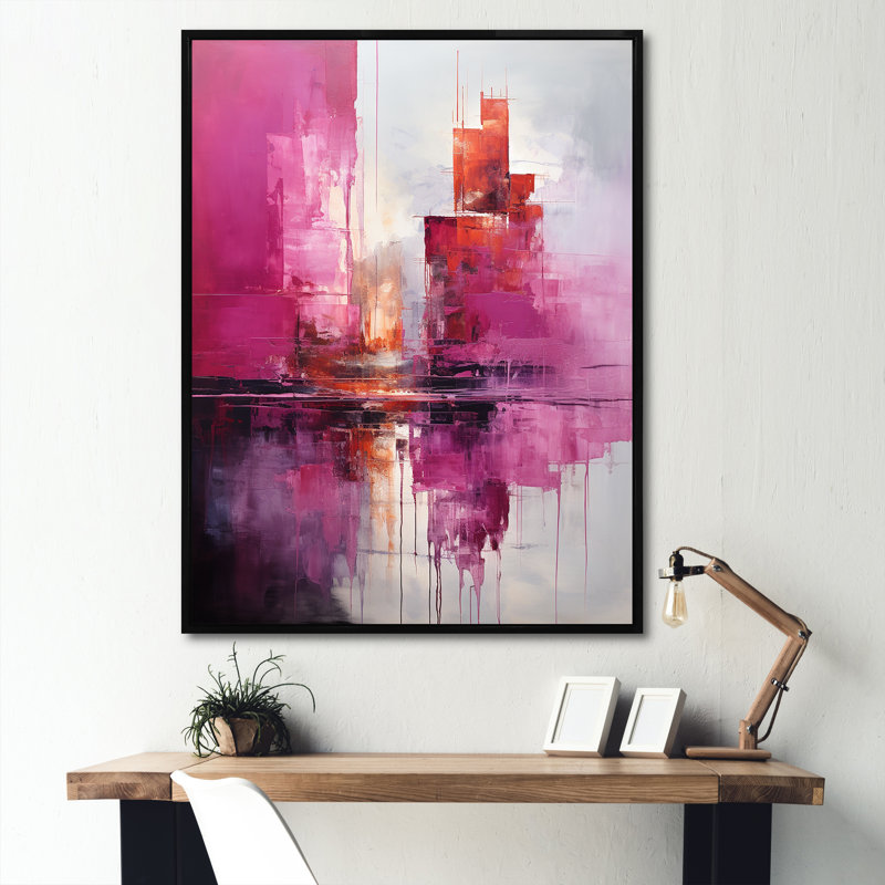 Horizons de gratte-ciel fuchsia, Cadre flottant noir, H 32 po x l 24 po x P 1 po