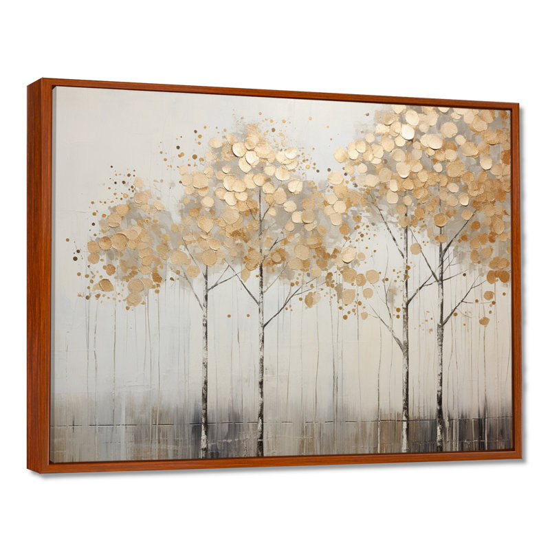 Minimalisme Golden Trees Tranquility - arbres, reproduction sur toile, 24" H x 32" W, Cadre flottant brun