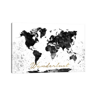 Black And White World Map Wanderlust by WallDecorAddict - Floater Frame Gallery-Wrapped Canvas Giclée on Canvas