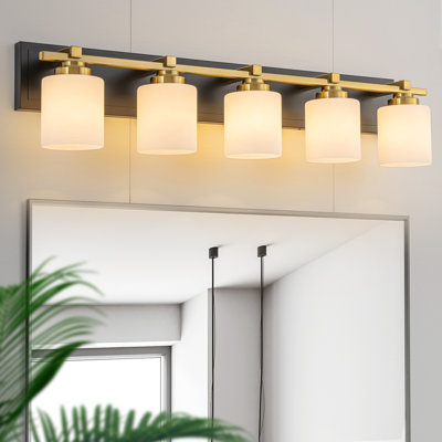 5 Light Modern Bathroom Light Fixtures Over Mirror, Black Gold Vanity Lights Milky White Glass Shades, E26 Socket (Bulbs Not Included)
