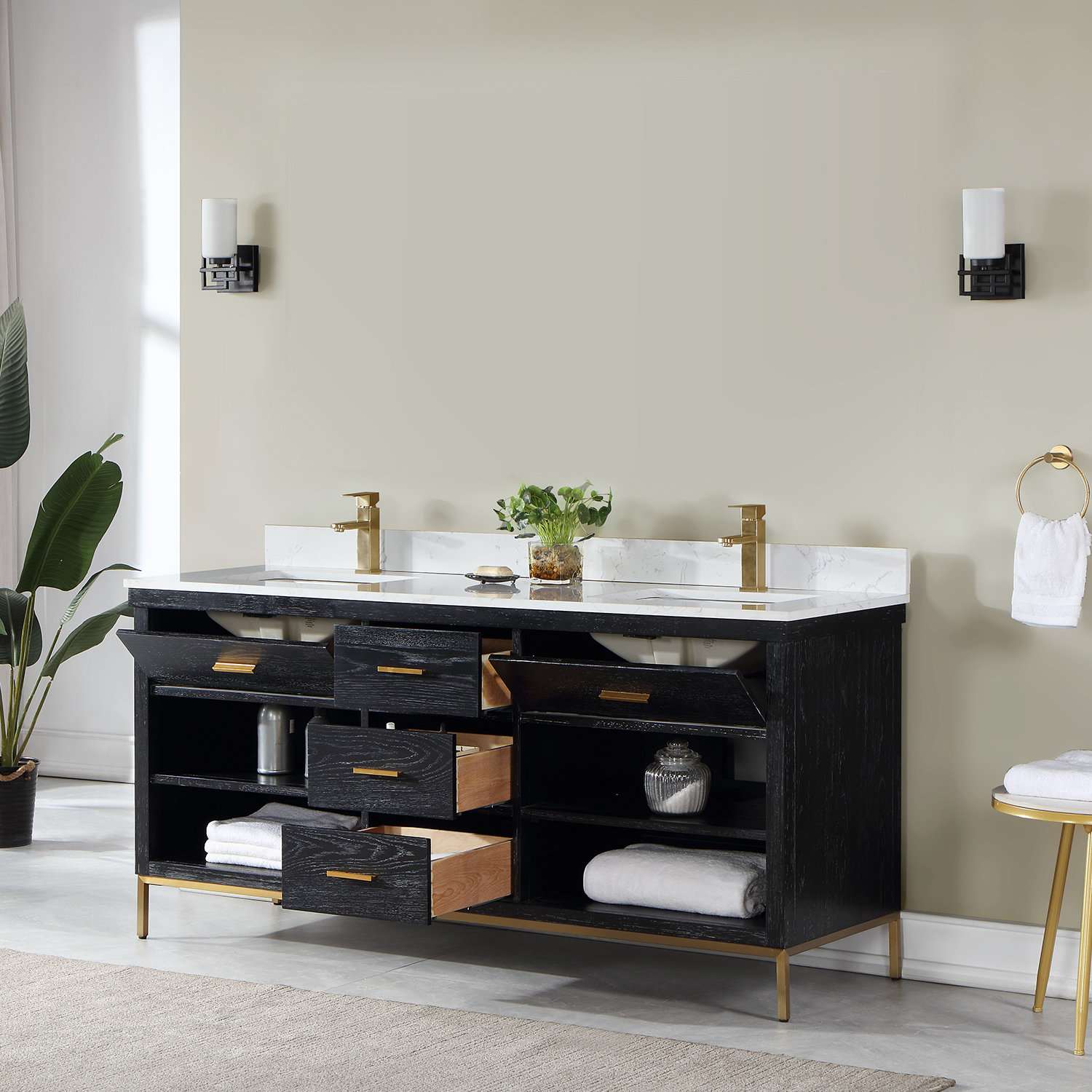 Adaire 72'' Double Bathroom Vanity, Black, Gold