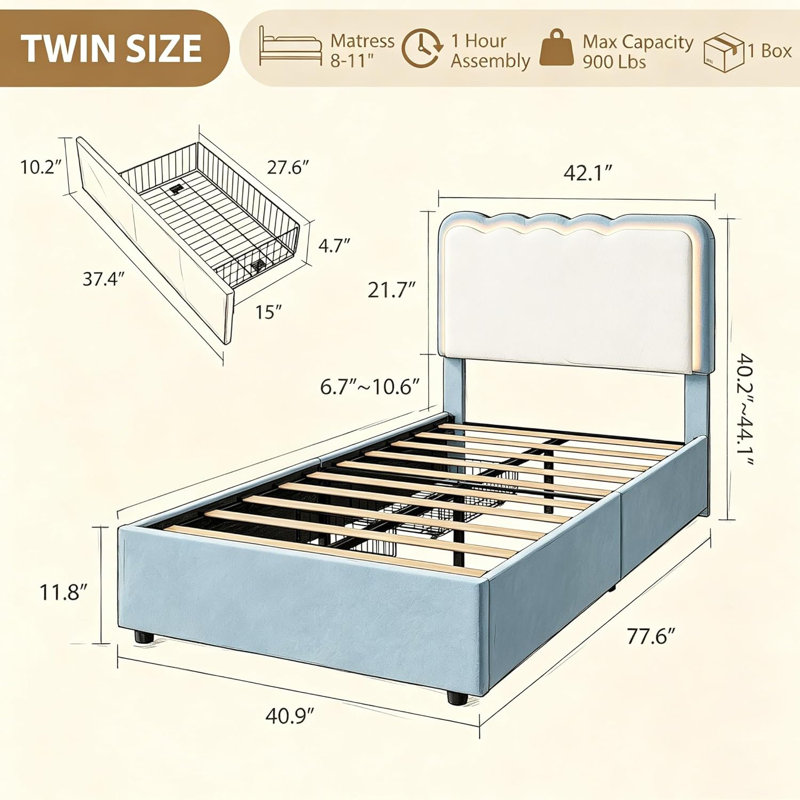 Bed Frame with LED Lights, Irregular Wave Upholstered Platform Bed with 2 Storage Drawers, Lit simple, Blue