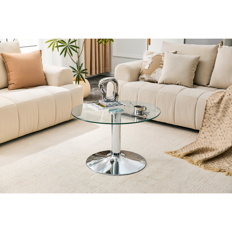 27.5-Inch Diameter Round Tempered Glass Coffee Table. 17.7 Inches High, Supported By A Silver Metal Base, With A Light Luxury Edge.