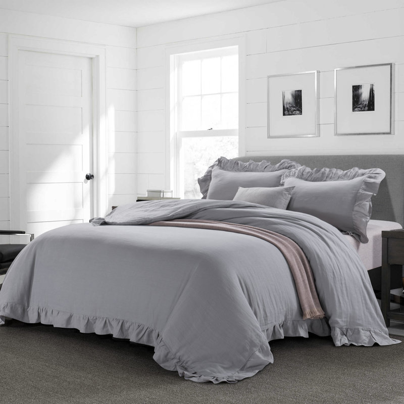 Gray Full/Queen Stone Washed Linen Ruffled Duvet Cover Set