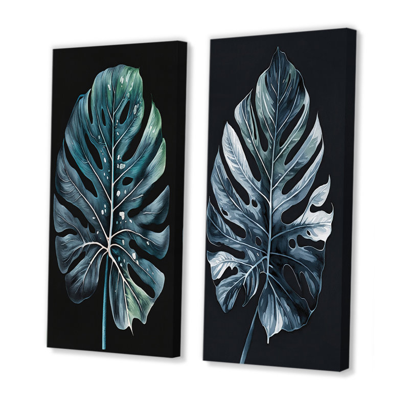 «Blue and White Philodendron Leaf», 2 pièces sur toile, Toile tendue, H 32 po x l 32 po