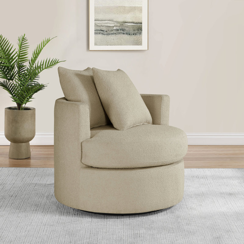 Fauteuil d'appoint pivotant rembourré de couleur chameau, avec ressorts ensachés et accoudoirs hauts pour un revêtement relaxant, avec rembourrage en mousse