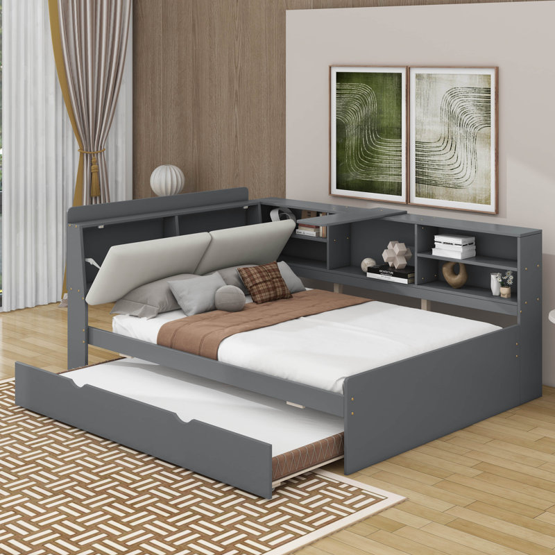 Lit plateforme double avec tablettes, lit gigogne et tête de lit, Gris / Blanc