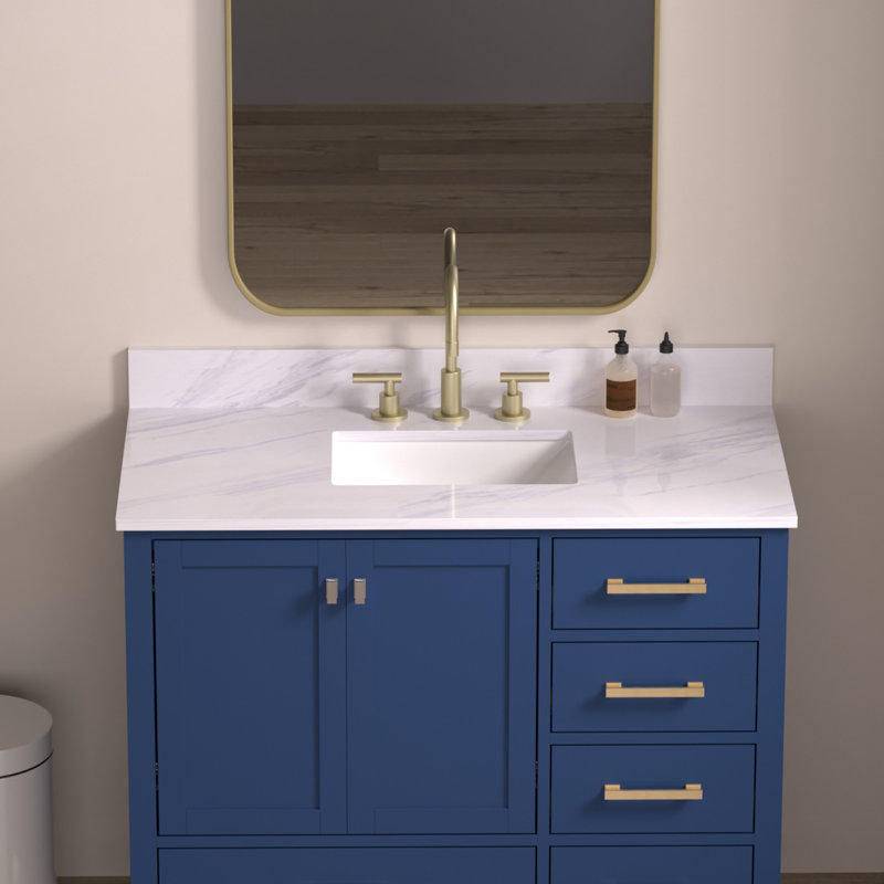 Plan de toilette en pierre reconstituée de 107 cm (42 po) avec lavabo rectangulaire encastré en céramique et dosseret., 42
