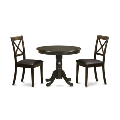 Ensemble de salle à manger 3 pièces pour petits espaces comprenant une table de cuisine ronde avec piédestal et 2 chaises de salle à manger en similicuir, cappuccino