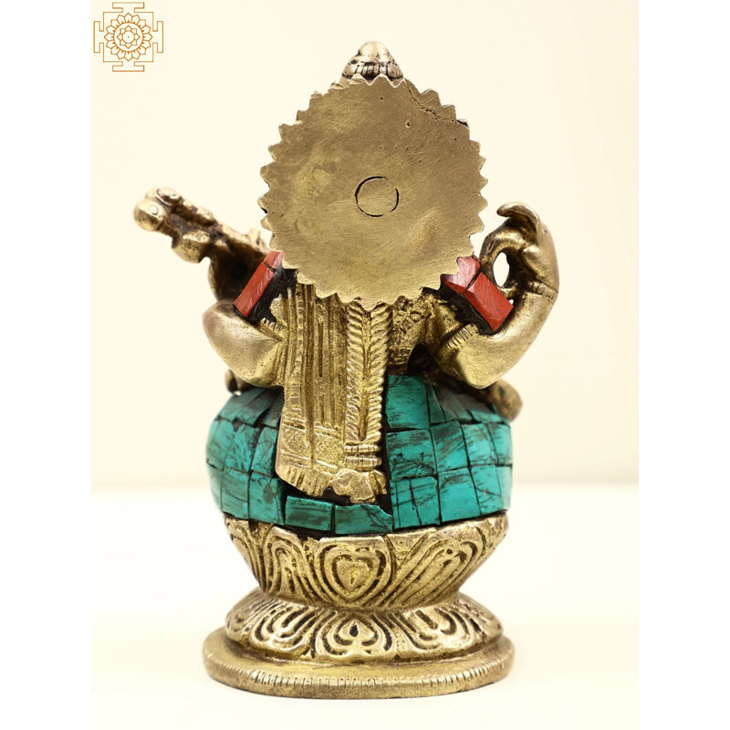 4" Brass Small Goddess Saraswati Statue with Inlay Work – Handmade Panchaloha Idol | Artistic Spiritual Home Décor