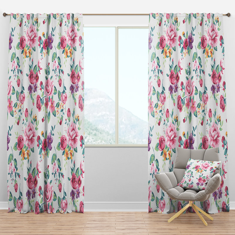 Rideau simple floral, rose, mauve et jaune Flowrs, l 52 po x L 95 po