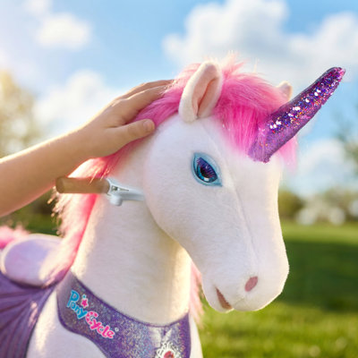 PonyCycle Ride on Unicorn Toy with Sounds, Plush Riding Unicorn with Wings, Glitter Horn and Hand Brake, No Batteries, Ages 3-4 and 4-7